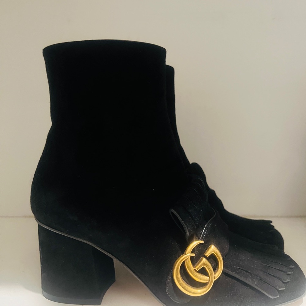 Gucci Black Suede Ankle Boots with Gold Logo